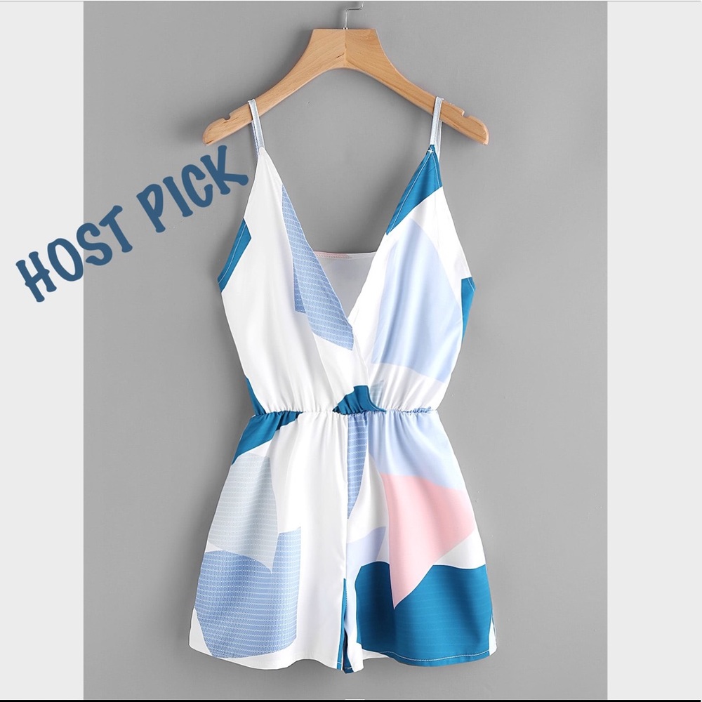 Surplice Cami Geometric Blue Printed Romper